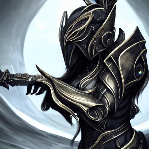 Image similar to highly detailed exquisite fanart, of a beautiful female warframe, but as an anthropomorphic robot dragon, matte black metal armor with white accents, close-up shot, a katana-like sword resting on her hip, epic cinematic shot, sharp claws for hands, professional digital art, high end digital art, singular, realistic, captura, DeviantArt, artstation, Furaffinity, 8k HD render