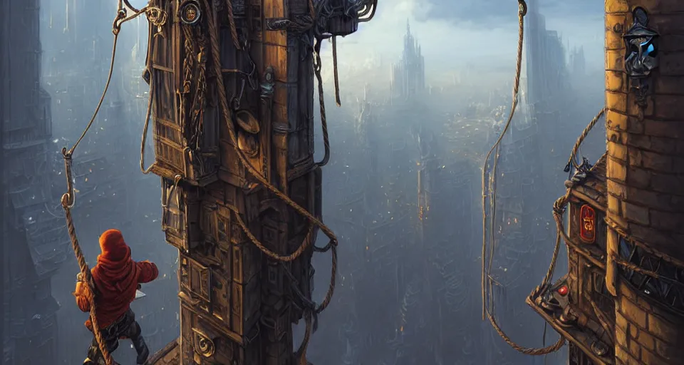 Prompt: landscape painting of a hooded thief in leathers using a rope to climb a tall metal steampunk buildings within a fantasy city with bridges, fine details, andreas rocha, magali villeneuve, artgerm, rutkowski