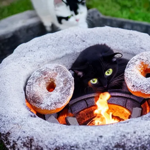 Prompt: a cat cooking a donut in a fire pit