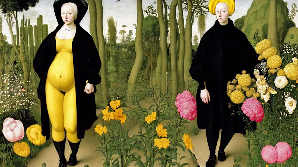 Prompt: portrait of a curvy woman with yellow hair buns, wearing a black raincoat and leggings, standing in a garden full of plants and flowers, intricate details, high detail, in the style of rogier van der weyden and jacopo da pontormo, punk