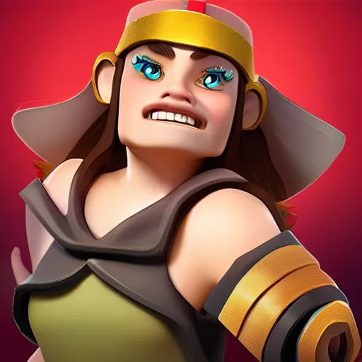 Image similar to clash of clans troop but female, with brown hair and brown eyes, wavy hair, cute, high detail, nice lips,