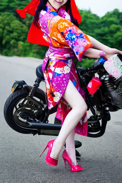 Image similar to full - length photo, young woman, riding a motorcycle, wearing japanese kimono, high heels, 4 k, colourful