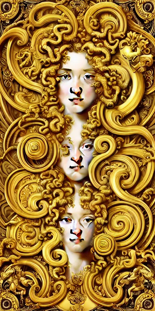 Image similar to the source of future growth dramatic, elaborate emotive Golden Baroque and Rococo styles to emphasise beauty as a transcendental, seamless pattern, symmetrical, large motifs, versace medusa logo, bvlgari jewelry, rainbow liquid splashing and flowing, Palace of Versailles, 8k image, supersharp, spirals and swirls in rococo style, medallions, iridescent black and rainbow colors with gold accents, perfect symmetry, High Definition, photorealistic, masterpiece, smooth gradients, high contrast, 3D, no blur, sharp focus, photorealistic, insanely detailed and intricate, cinematic lighting, Octane render, epic scene, 8K