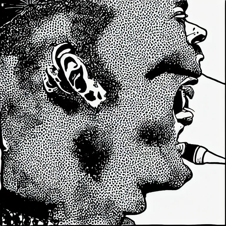 Prompt: rapping into microphone, epic angle, profile view, illustrated by Victor Moscoso