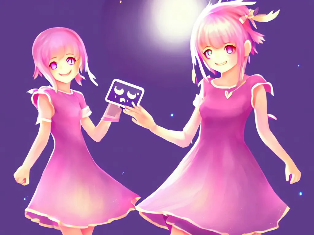 Prompt: young girl, smile, light dress, mobile game, cute, illustration, d & d, twilight ray