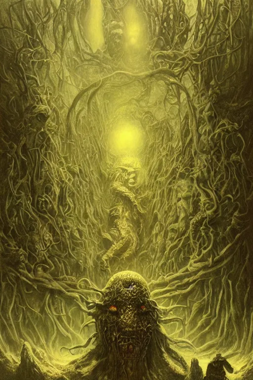 Image similar to the unnameable in lovecraft's dreamlands with the watchers out of time. dark surrealism by michael whelan, dariusz zawadzki, beksinski and chris mars