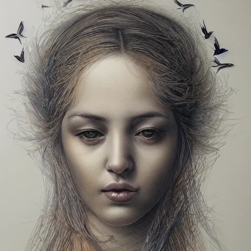 Image similar to an intricate detailed women portrait with birds by marco mazzoni