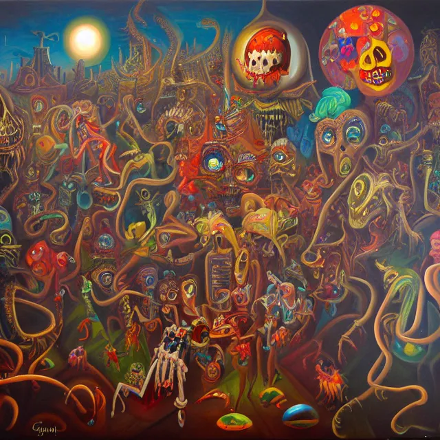 Image similar to an oil on canvas painting of the carnival of nightmares, polycount, surrealism, surrealist, cosmic horror, high detail
