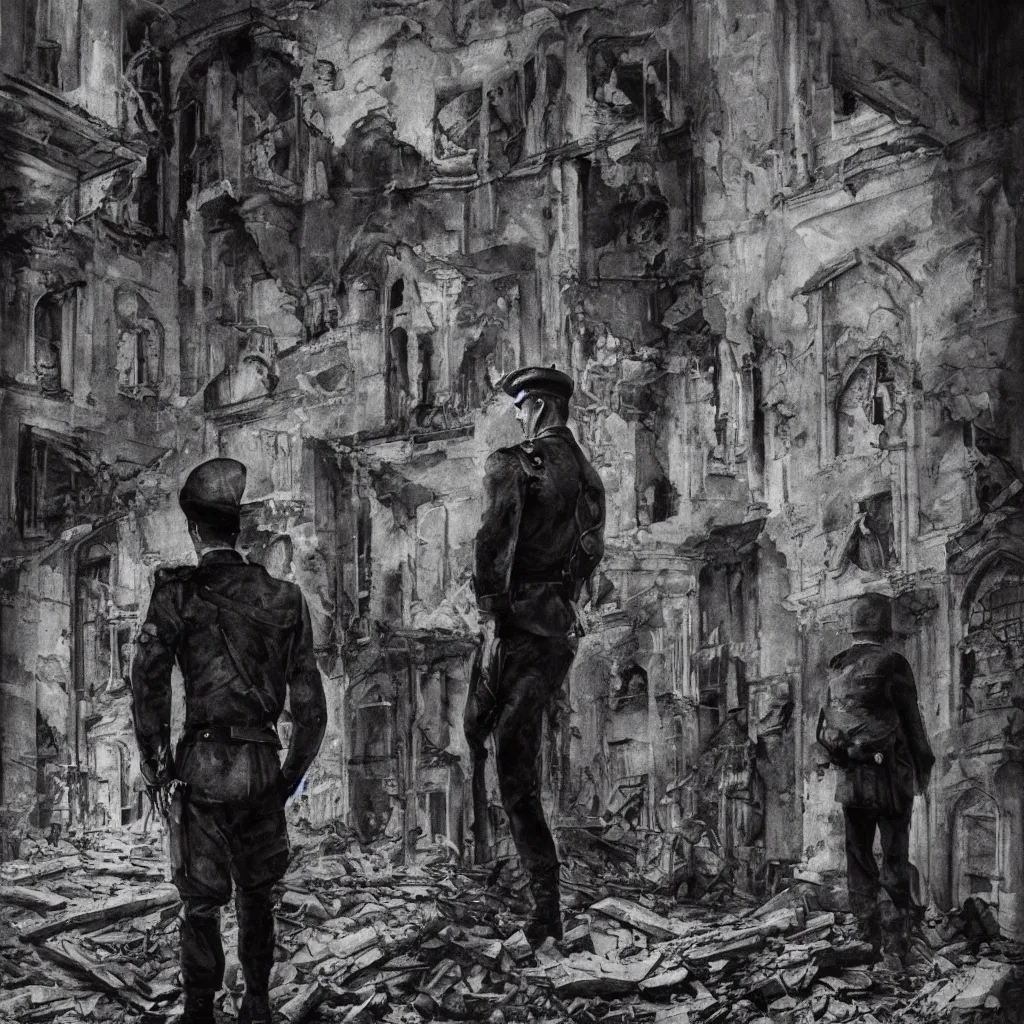 Image similar to dramatic portrait of a lone nazi soldier standing in the ruins of a synagogue church by bill sienkiewicz, hyperdetailed mixed media painting, dark atmosphere, hyperrealism, film noir, photorealism, high contrast 8k