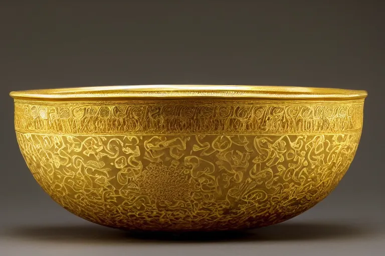 Image similar to an ornate golden bowl of rice, side-view, highly detailed photograph