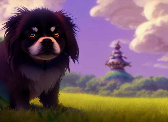 Image similar to a wholesome animation key shot of a black tibetan spaniel, wearing a crown, green field, studio ghibli, pixar and disney animation, sharp, rendered in unreal engine 5, anime key art by greg rutkowski, bloom, dramatic lighting