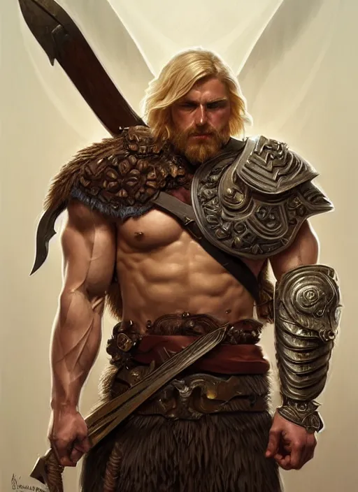 Prompt: symmetry! portrait of barbarian man, short blond hair, d & d, muscular!! angry!!! armour, fantasy, intricate, elegant, highly detailed, digital painting, artstation, concept art, smooth, sharp focus, illustration, art by artgerm and greg rutkowski and alphonse mucha