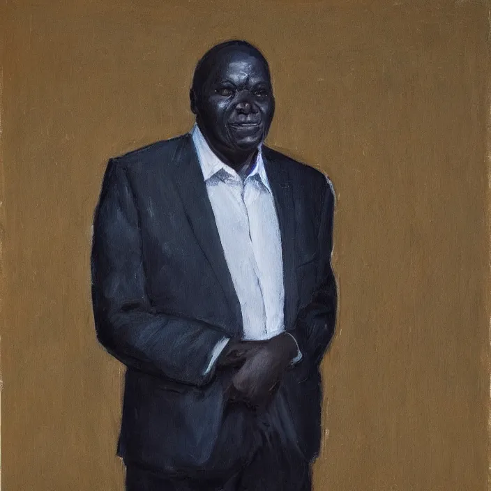 Image similar to a painting of a fatherly, aquiline nose, wide forehead, round face, XXL , loving, caring, generous, ever-present, humble, wise elder from Kenya with a friendly expression in a suit by Lynette Yiadom-Boakye . Fatherly/daddy, focused, loving, leader, relaxed,. ethereal lights, details, smooth, sharp focus, illustration, realistic, cinematic, artstation, award winning, rgb , unreal engine, octane render, cinematic light, macro, depth of field, blur, red light and clouds from the back, highly detailed epic cinematic concept art CG render made in Maya, Blender and Photoshop, octane render, excellent composition, dynamic dramatic cinematic lighting, aesthetic, very inspirational, arthouse.