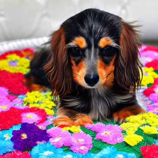 Image similar to long haired dachshund shi tzu mix laying on a bed of multi-color flowers l, Matisse