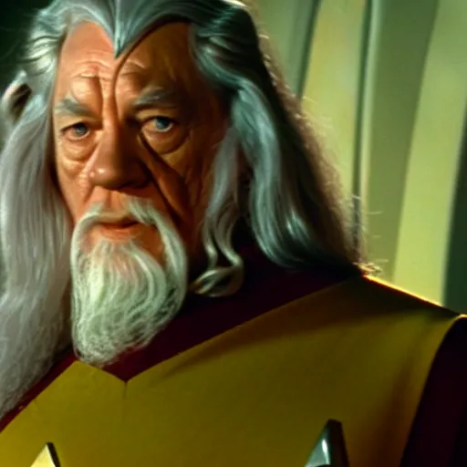 Image similar to A still of Gandalf as Captain Kirk on Star Trek, sharp focus, high quality, 4k