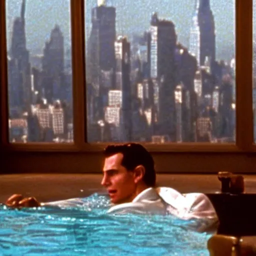 Image similar to patrick bateman chilling in a swimming pool on the terrace of empire state building, in american psycho ( 1 9 9 9 )