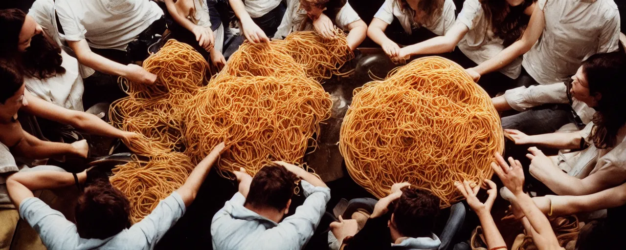 Image similar to a group of people being consumed by a giant bowl of spaghetti, fear, anxiety, canon 5 0 mm, cinematic lighting, photography, retro, film, kodachrome