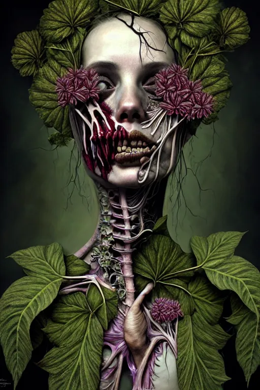 Image similar to very sad and detailed rotten woman corpse with fractal plants and fractal flowers growing around her face muscles, veins, arteries, bones, anatomical, skull, eye, ears, intricate, ornate, surreal, ray caesar, john constable, guy denning, dan hillier