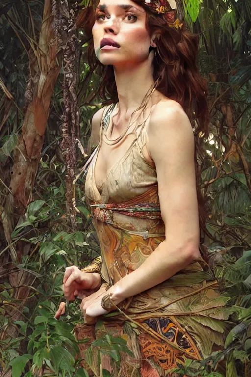 Image similar to ultra realistic illustration, bohemian girl in jungle, staring directly into camera, intricate, elegant, highly detailed, digital painting, artstation, concept art, smooth, sharp focus, illustration, art by artgerm and greg rutkowski and alphonse mucha