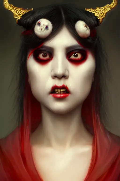 Prompt: a demonic horrific chinese portrait of lady gaga, white eyes, bored, illustration, soft lighting, soft details, painting oil on canvas by edmund blair leighton and charlie bowater octane render, hdr, trending on artstation, 4 k, 8 k, hd