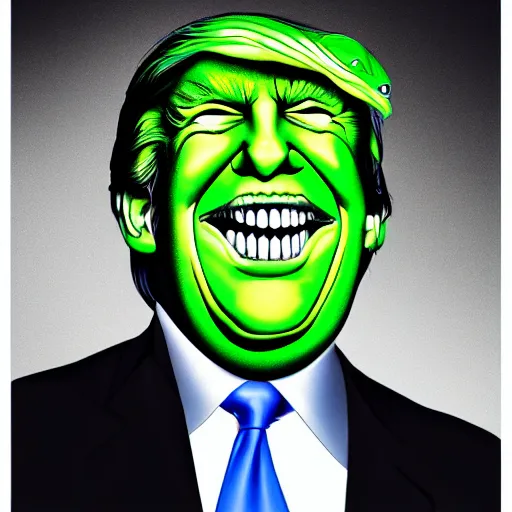 Image similar to president trump is a smiling laughing bright green lizard person, airbrush painting, hyper detailed, 8 k.