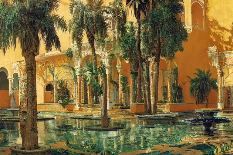 Image similar to painting of a beautiful moorish palace courtyard garden, by arkady rylov and rudolf ernst and maxfield parrish, patterned tilework, palm trees, tiled fountains, extremely detailed, cinematic lighting, smooth sharp focus