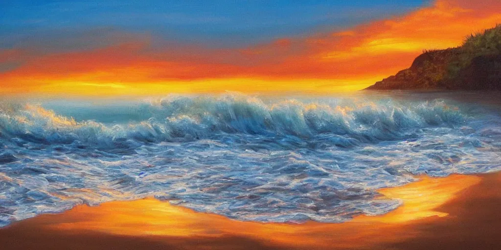 Image similar to a beautiful painting of a beach sunset with raging waves