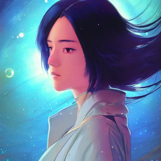 Image similar to A Beautiful young woman , holding a sword in the cosmos || VERY ANIME, fine-face, realistic shaded perfect face, fine details. Anime. realistic shaded lighting poster by Ilya Kuvshinov katsuhiro otomo ghost-in-the-shell, magali villeneuve, artgerm, Jeremy Lipkin and Michael Garmash, Rob Rey and Kentarõ Miura style, trending on art station