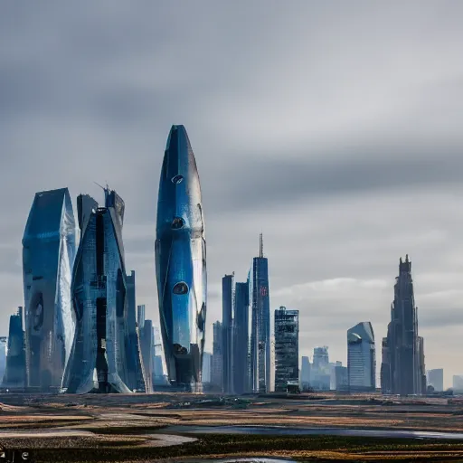 Prompt: Giant futuristic megacity towering across the landscape, post apocalyptic, EOS-1D, f/16, ISO 200, 1/160s, 8K, RAW, unedited, symmetrical balance, in-frame