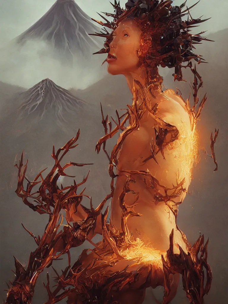 Image similar to A portrait painting of a spider-legged monstrous woman with spikes in her head standing in front of a volcano eruption, illustration, detailed, high cohesion, coherent, symmetrical, award-winning, trending on artstation, by artgerm and Greg Rutkowski and Alphonse Mucha