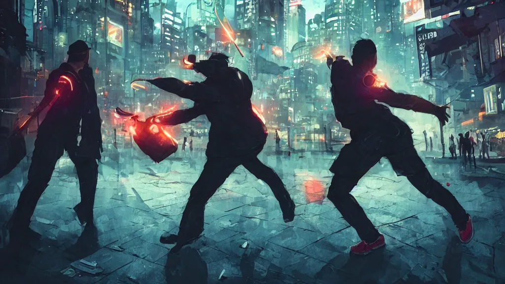 Prompt: angry protester throwing a rock, digital illustration by greg rutkowski, android netrunner, nighttime, cyberpunk city backgrounds, colored lighting