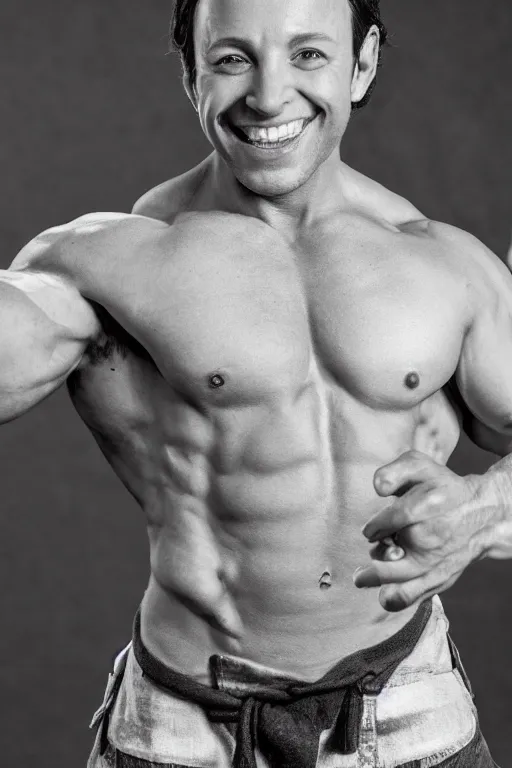 Image similar to Sam Riegel is a jacked muscle builder gigachad, grayscale photography, Critical Role, Smirk