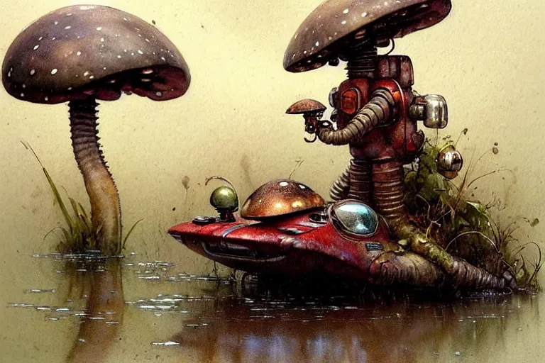 Image similar to adventurer ( ( ( ( ( 1 9 5 0 s retro future robot mouse amphibious vehical home. muted colors. swamp mushrooms ) ) ) ) ) by jean baptiste monge!!!!!!!!!!!!!!!!!!!!!!!!! chrome red