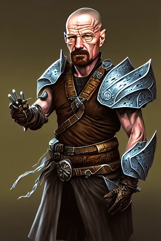 Image similar to walter white, fantasy armor, detailed face, dynamic lighting, tony sart