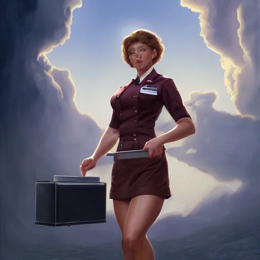 Image similar to epic portrait an muscular waitress wearing short sleeved uniform and carrying electronics, detailed, centered, digital painting, artstation, concept art, donato giancola, Joseph Christian Leyendecker, WLOP, Boris Vallejo, Breathtaking, 8k resolution, extremely detailed, beautiful, establishing shot, artistic, hyperrealistic, beautiful face, octane render