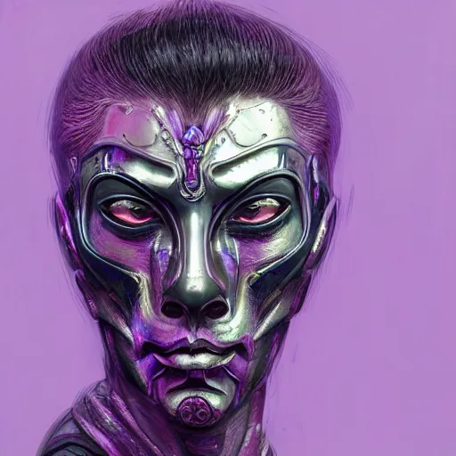 Image similar to Very very very very highly detailed epic central composition portrait of face with venetian mask, purple, intricate, dystopian, sci-fi, extremely detailed, digital painting, artstation, concept art, smooth, sharp focus, illustration, intimidating lighting, incredible art by Tokujin Yoshioka and Anton Pieck