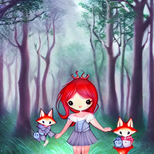 Image similar to magical forest with redcap chibi girl and a fox family