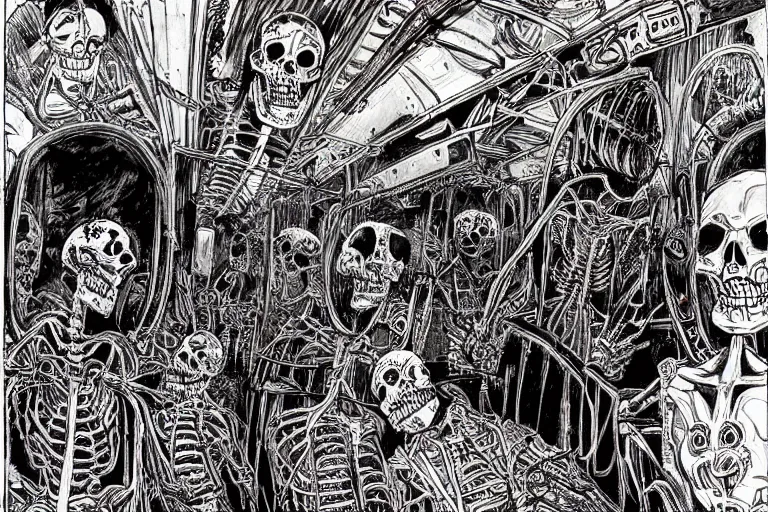 Prompt: scene from interior of a subway car, lunch, day of all the dead, skeletons, artwork by philippe druillet