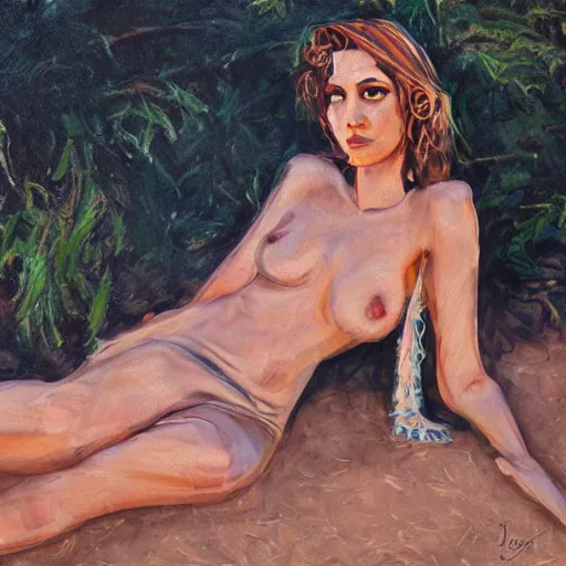 Prompt: full length portrait of a beautiful goddess, sitting in the shade, by Jason Jenicke, detailed, stylized, loose brush strokes, intricate, realistic, exaggerated lighting, sense of scale, ferocious, sensual