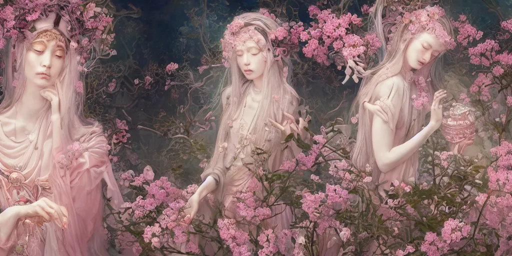 Prompt: breathtaking detailed weird concept art painting of few goddesses of light pink flowers, orthodox saint, with anxious, piercing eyes, ornate background, amalgamation of leaves and flowers, by Hsiao-Ron Cheng, James jean, Miho Hirano, Hayao Miyazaki, extremely moody lighting, 8K