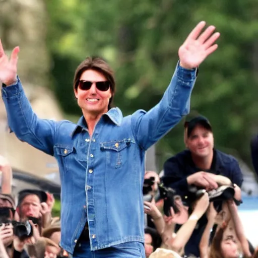 Image similar to Tom Cruise waving to fans. He's wearing bluejeans and a green jacket, Ralph Lauren. A helicopter is in the background. Shallow depth of field