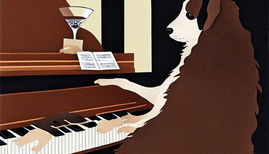 Image similar to brown and white sprocker , sat down playing a piano.modern. Martini on the side, detailed illustration. Artwork.