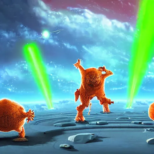 Image similar to laser war between funny creatures on a planet, digital art, award winning 4K