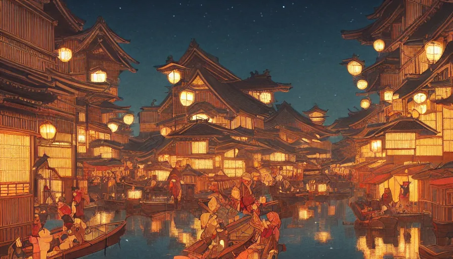 Image similar to edo era city festival near sea at night, beautiful lit lamps, 8 k highly detailed art, intricate, stanley lau, artgerm, artstation, smooth, far shot, wlop, alphonse mucha, cinematic shot, cinematic lighting