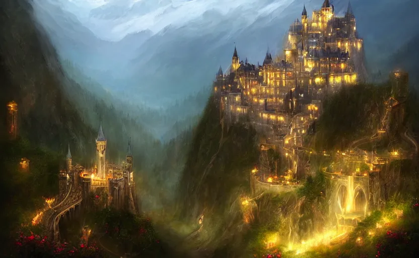 Image similar to beautiful secret city of the elves gondolin on top of a mountain, magical gloomy mystical. by konstantin razumov, fractal flame, chiaroscuro, highly detailded