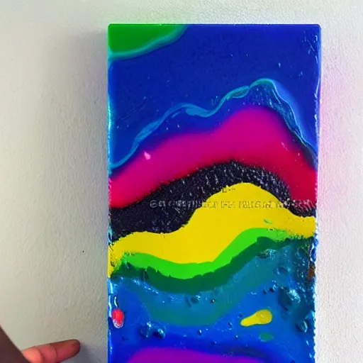 Image similar to a pour painting, rainbow colors, abstract, thick paint, chunky paint, glossy, resin coated