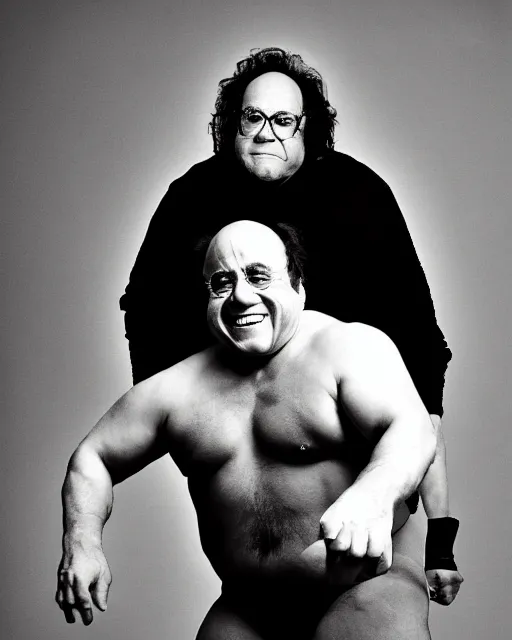 Image similar to portrait of danny devito as a professional wrestler. photographic, photography