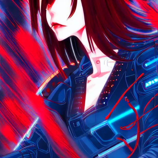 Prompt: seductive female cyborg, in the rain, highly detailed, painting, dark red, azure blue and black color palette, intricate, high quality anime artstyle, in the style of sana takeda