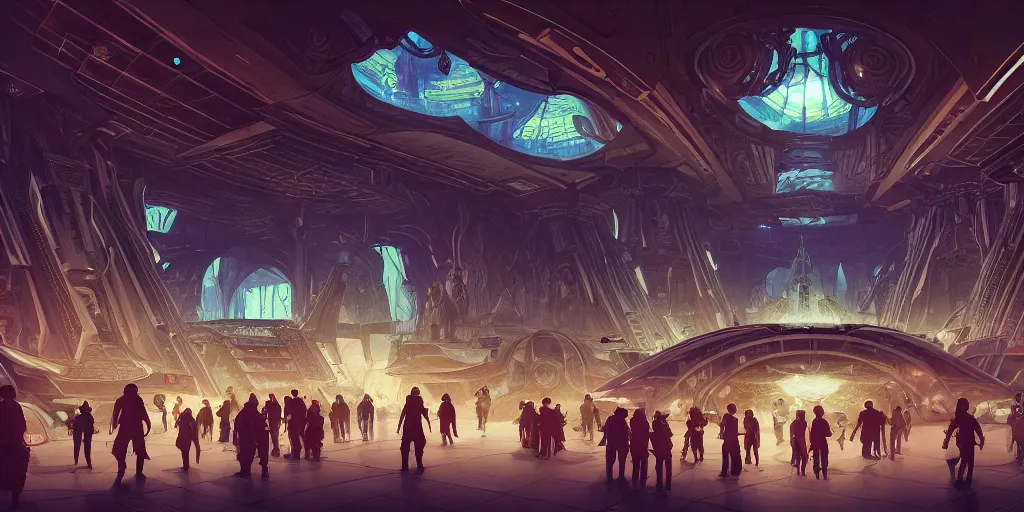 Image similar to cel shaded cinematic shot of the interior of a sci-fi space station with ornate Elven architecture bustling with people, epic castle, emerald, crystalline, detailed illustration, sharp focus, concept art