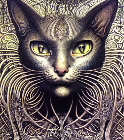 Prompt: detailed realistic beautiful cat goddess face portrait by jean delville, gustave dore, iris van herpen and marco mazzoni, art forms of nature by ernst haeckel, art nouveau, symbolist, visionary, gothic, neo - gothic, pre - raphaelite, fractal lace, intricate alien botanicals, ai biodiversity, surreality, hyperdetailed ultrasharp octane render